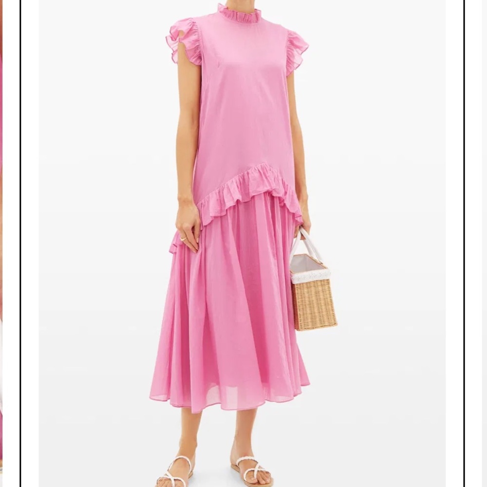 RHODE Mary Dropped-Waist Sleeveless Ruffle Dress in Pink Size L